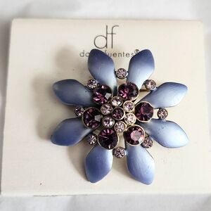 Don Fuentes Blue and Purple  Satin Rhinestone Flower Brooch MOC